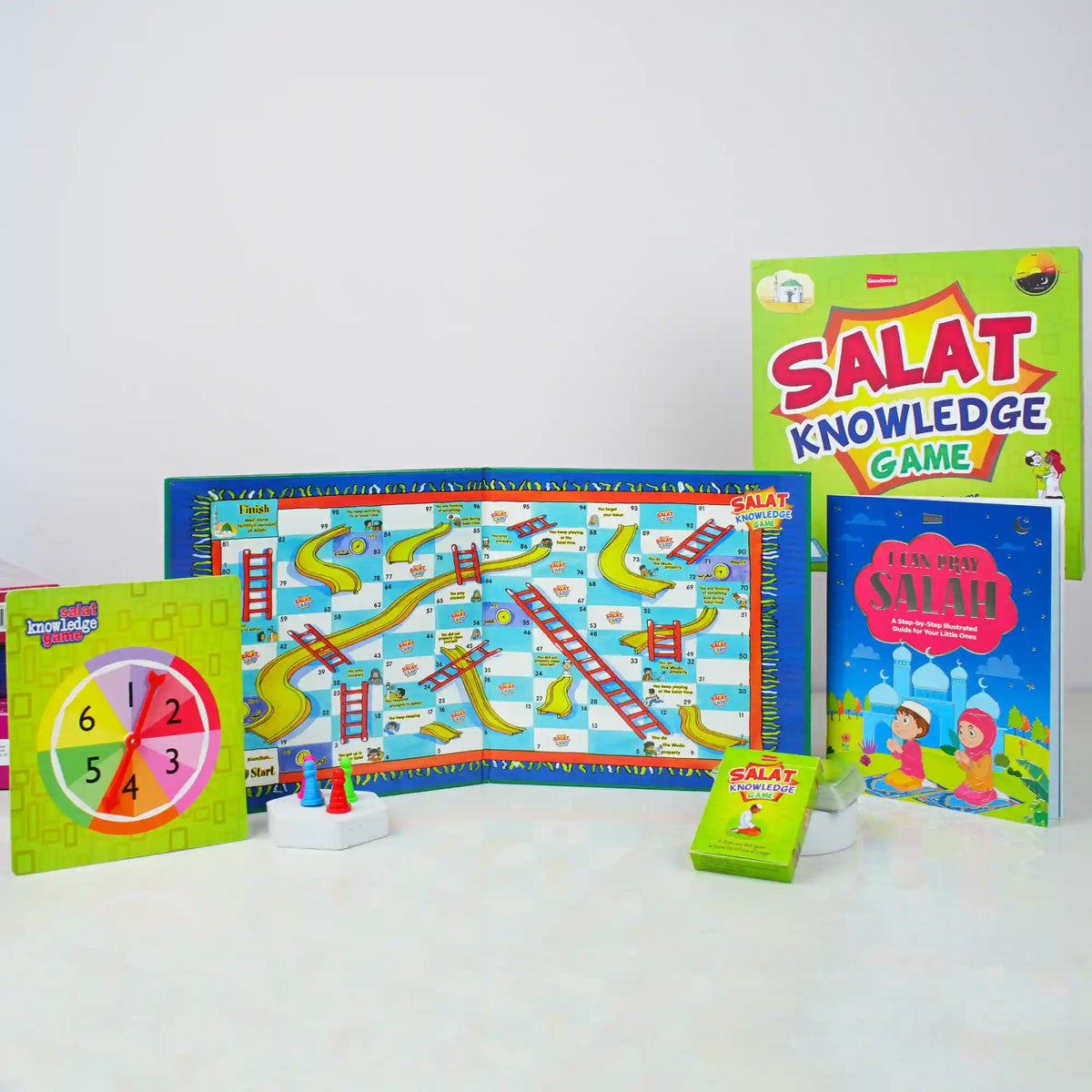 Board game set with colorful components on a white background
