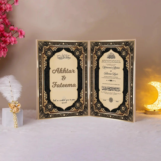 Personalized Sapphire Serenity Nikah Nama featuring bride and groom names in a luxurious ceremonial booklet, perfect for Nikah essentials.
