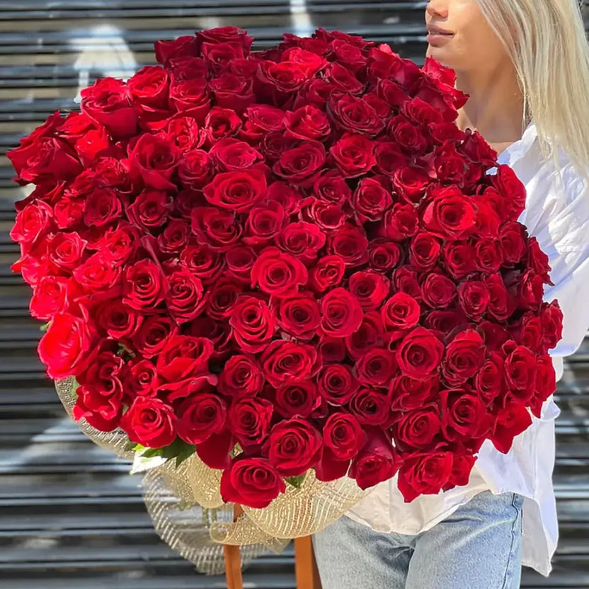 Red Roses Bouquet - Express Love | Perfect Romantic Gift featuring a heart-shaped arrangement of fresh red roses, ideal for anniversaries or proposals. Main image