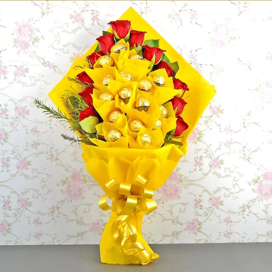 Color of Happiness Chocolate Bouquet featuring Ferrero Rocher and red roses in yellow wrapping, perfect sweet treat gift for celebrations.