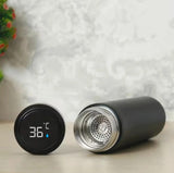 Smart insulated LED temperature bottle with 36°C display and built-in strainer, perfect for custom hydration in kitchen or on the go.
