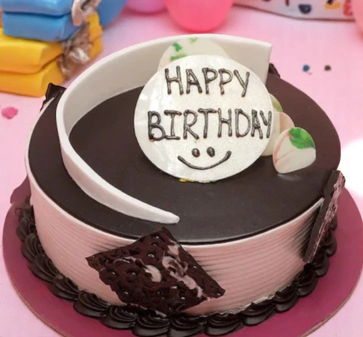 Chocolate Birthday Cake — front view, freshly baked