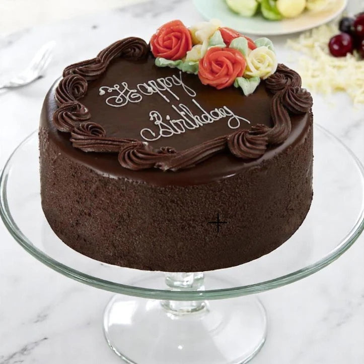 Delightful Chocolate Cake - Decadent Chocolate Cake featuring smooth ganache, piped chocolate borders, and rose decorations, ideal for birthdays and gifts.
