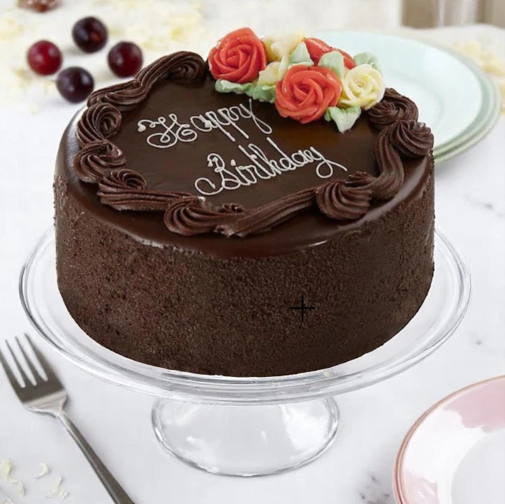 Delightful Chocolate Cake - Decadent Chocolate Cake with rich, moist layers, topped with floral icing and 'Happy Birthday' message, perfect for celebrations. Main image