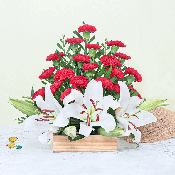 Assortment Of Carnations and Lilies — detail of the flowers and wrapping
