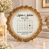 Calendar Couple Frame - Islamic Gift featuring names Mohin & Saheba calendar and Quran 78:8 verse. Elegant gold-edged decor piece.