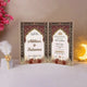Elegant Shah-e-Surkh Nikah Nama booklet open to reveal personalized wedding details in a luxurious maroon and gold ceremonial design.