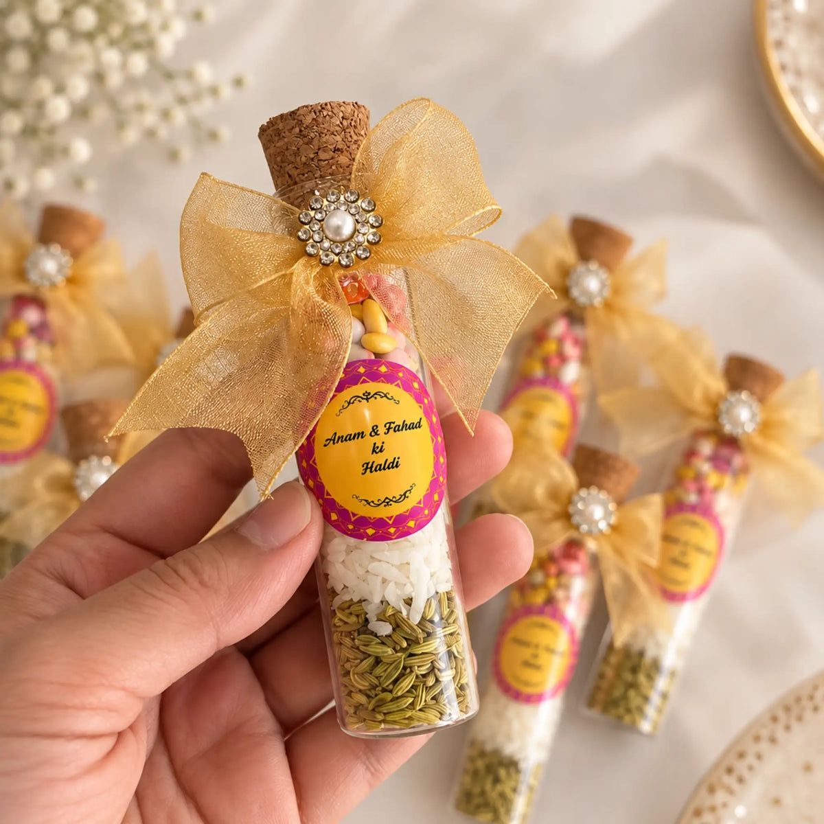 Customized Shahi Mix Sounf bottle for Nikah favours – glass vial with gold ribbon and personalized bride-groom name sticker