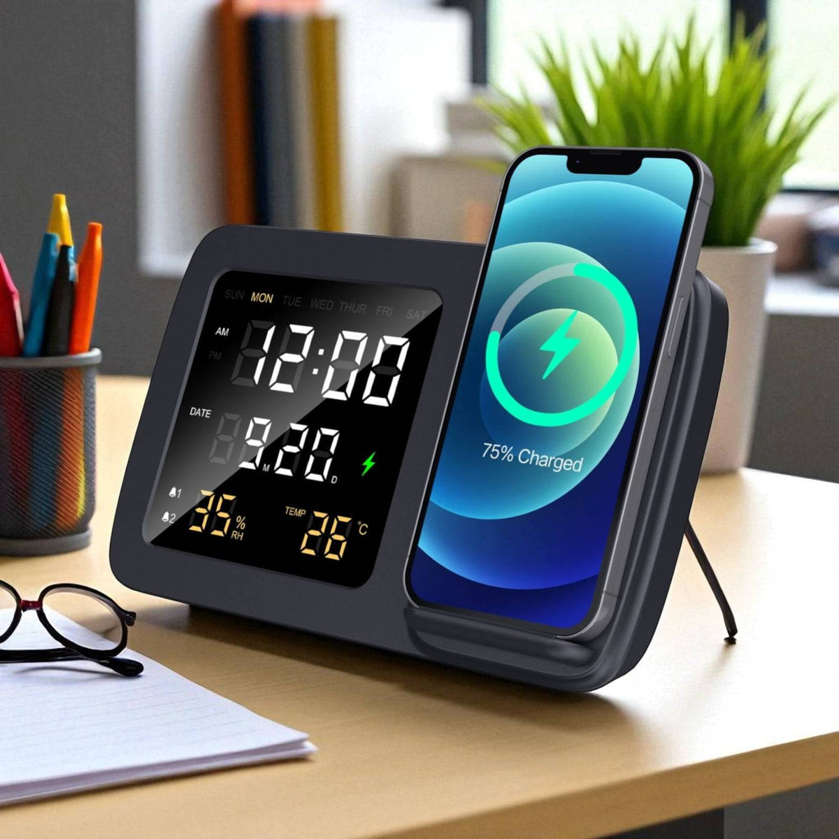 Dual-purpose Shimmer Wireless Charger Clock powers a phone while showing time and weather data, blending functionality and style for workspace use.