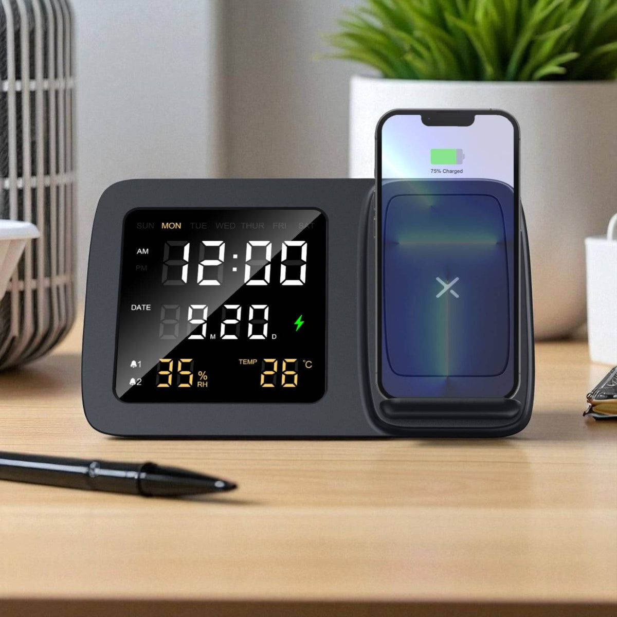 Shimmer Wireless Charger with Clock displays time, date, temperature, and charges a smartphone on a modern desk setup. Ideal for nightstands or offices.