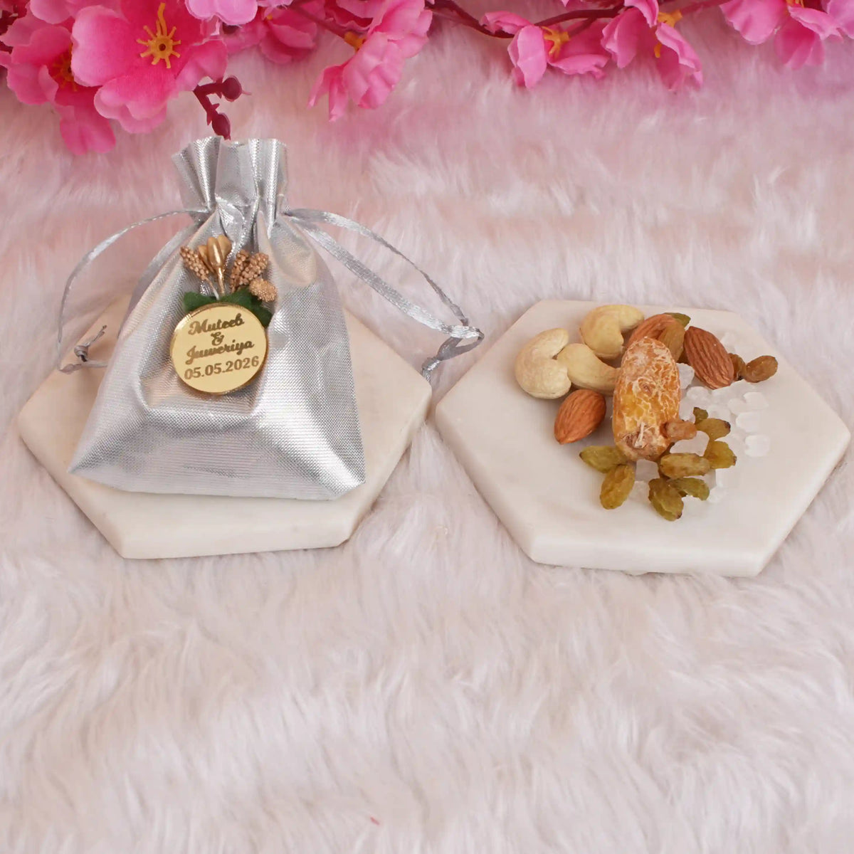 Silver Nikah Favor Dry-Fruit Potli with dry fruits displayed, perfect for Muslim wedding giveaways and bridal party gifts.