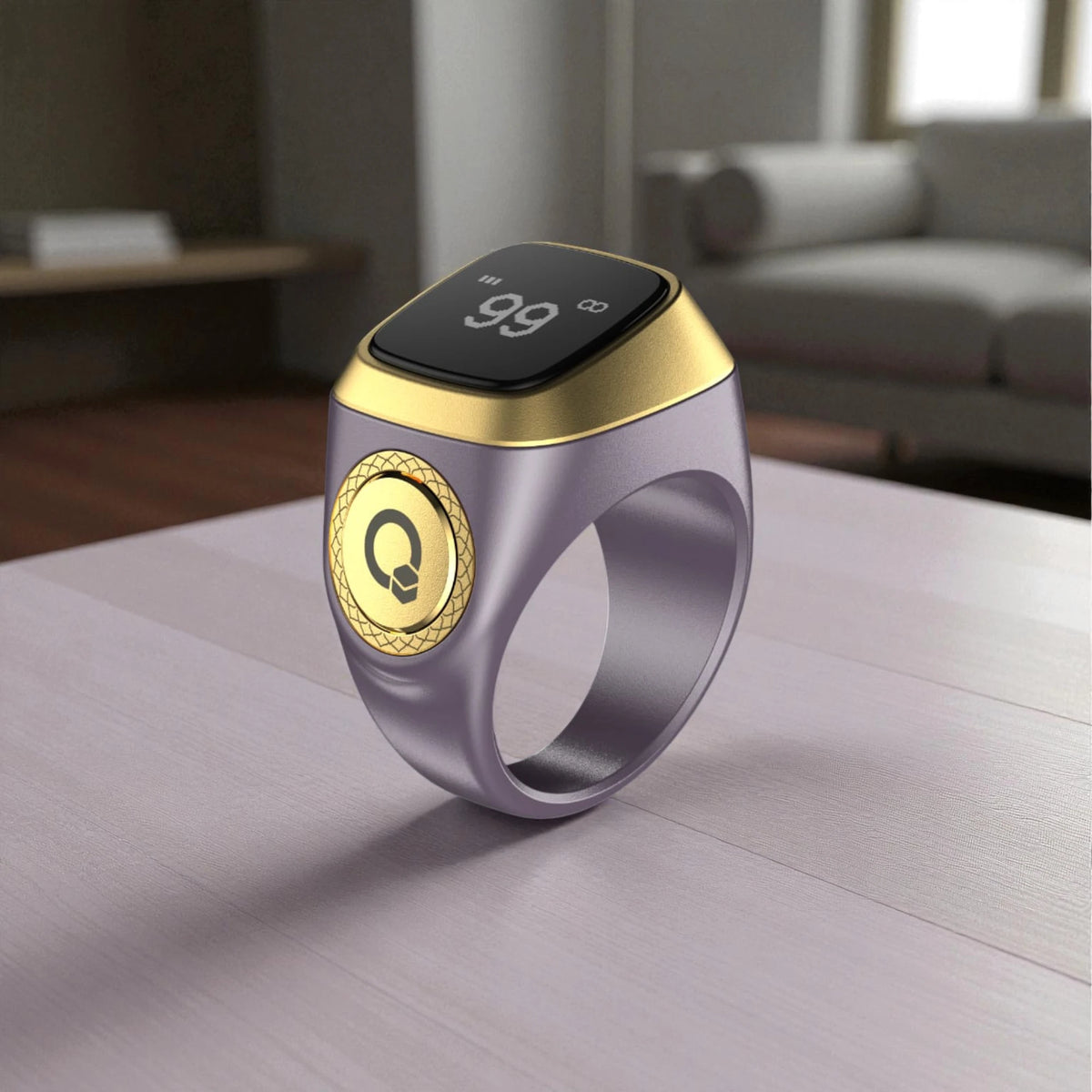 Purple and gold Zikr Ring featuring OLED display and digital counter, suitable for daily dhikr and spiritual routines.