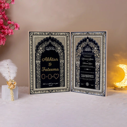 Siyah-e-Wafa Nikah Nama with golden detailing, featuring names Akhtar & Fateema in a black and gold ceremonial design, ideal for Nikah essentials.