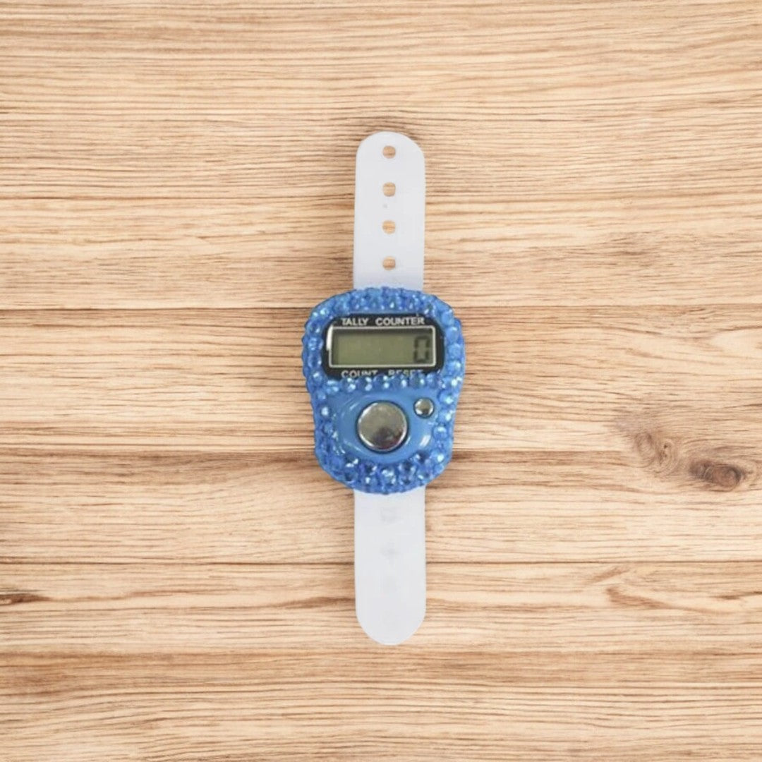 Blue digital tasbeeh counter with ergonomic wrist strap. Great for travel, prayer, and gifting.