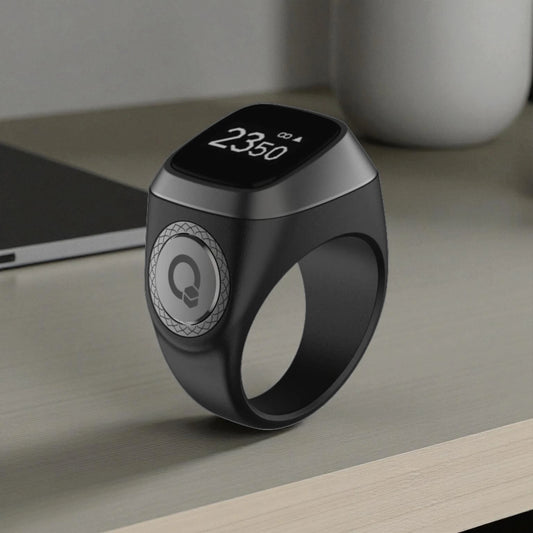 Black Zikr Ring smart tasbeeh featuring OLED screen and digital counter, perfect for daily dhikr and prayer routines.