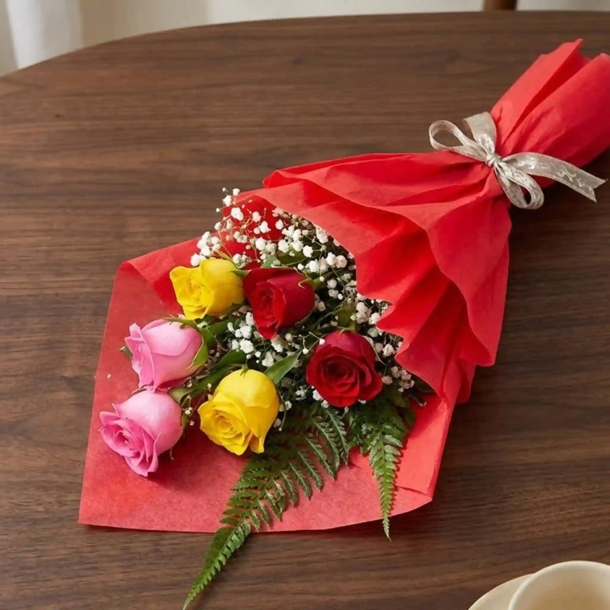 Sprinkle Mix Roses Bouquet — detail of the flowers and wrapping