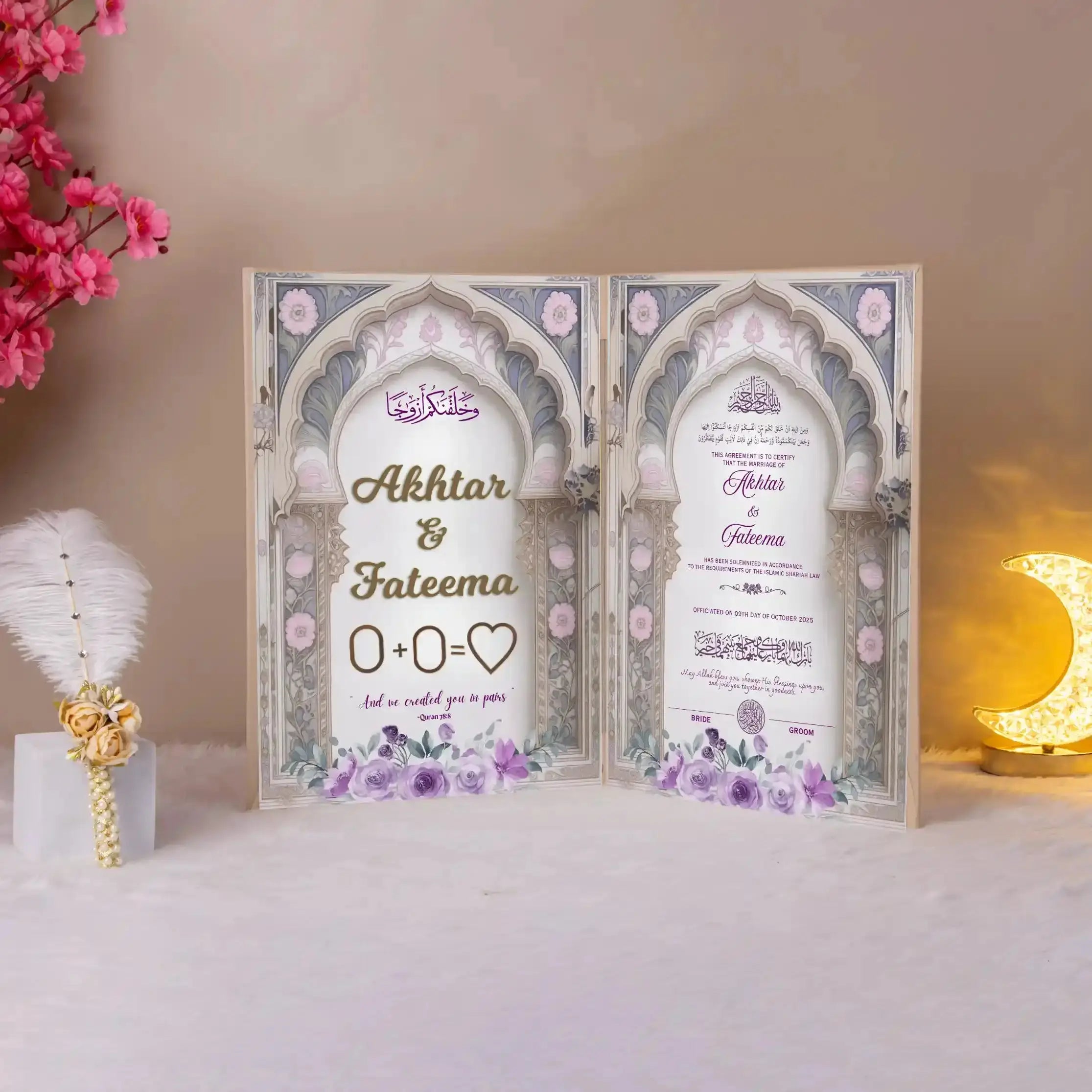 Sukoon-e-Banafsha Nikah Nama booklet open to reveal elegant lavender-themed Islamic wedding contract with floral accents and calligraphy. Main image