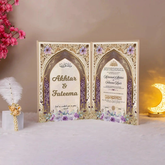 Elegant Surkh-e-Barkat Nikah Nama booklet featuring gold accents and Islamic motifs, perfect for bridal gifts and Nikah essentials online.