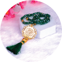 Tasbeeh Eyelet logo featuring a beautifully crafted Tasbeeh (prayer beads) with intricate eyelet detailing, symbolizing spirituality, meditation, and devotion, designed for thoughtful gifting and enhancing spiritual practice.