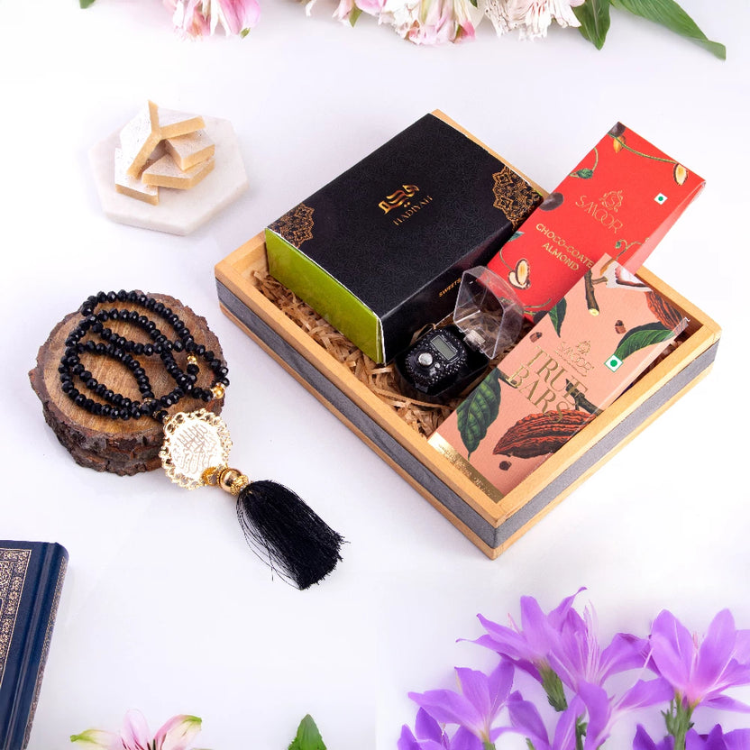 Khushi Aur Mithaas Ka Tohfa - Festive Gift Hamper with Kaju Katli, chocolates, tasbeeh, and premium packaging. Ideal for weddings and celebrations. Main image