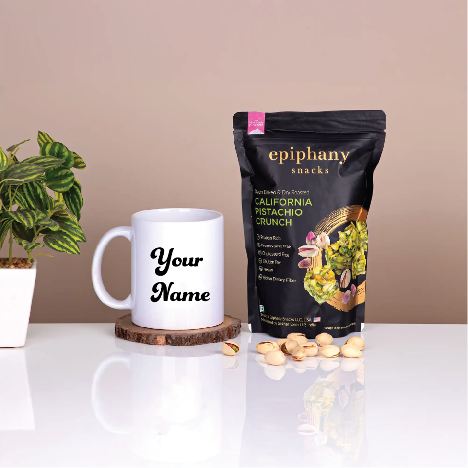 Customizable mug with California Pistachio Crunch, part of the Tea Gift Hamper Delight - Savor & Sip, perfect for Ramadan and special occasions.
