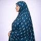 Side view of teal knee-length soft cotton prayer dress featuring modest full coverage and elegant feather print, perfect for religious use.