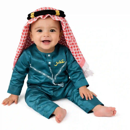 Teal Omani Thobe Romper Set for Baby Boys in soft fabric with embroidered detailing, perfect for Eid celebrations and Islamic kids wear collection.