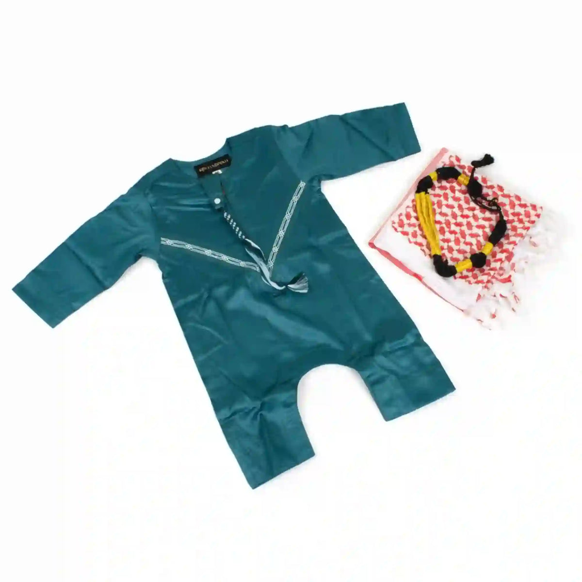 Teal Omani Thobe Romper Set for Baby Boys with traditional embroidery and matching keffiyeh, ideal for Eid and festive Islamic kids wear.