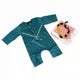 Teal Omani Thobe Romper Set for Baby Boys with traditional embroidery and matching keffiyeh, ideal for Eid and festive Islamic kids wear.