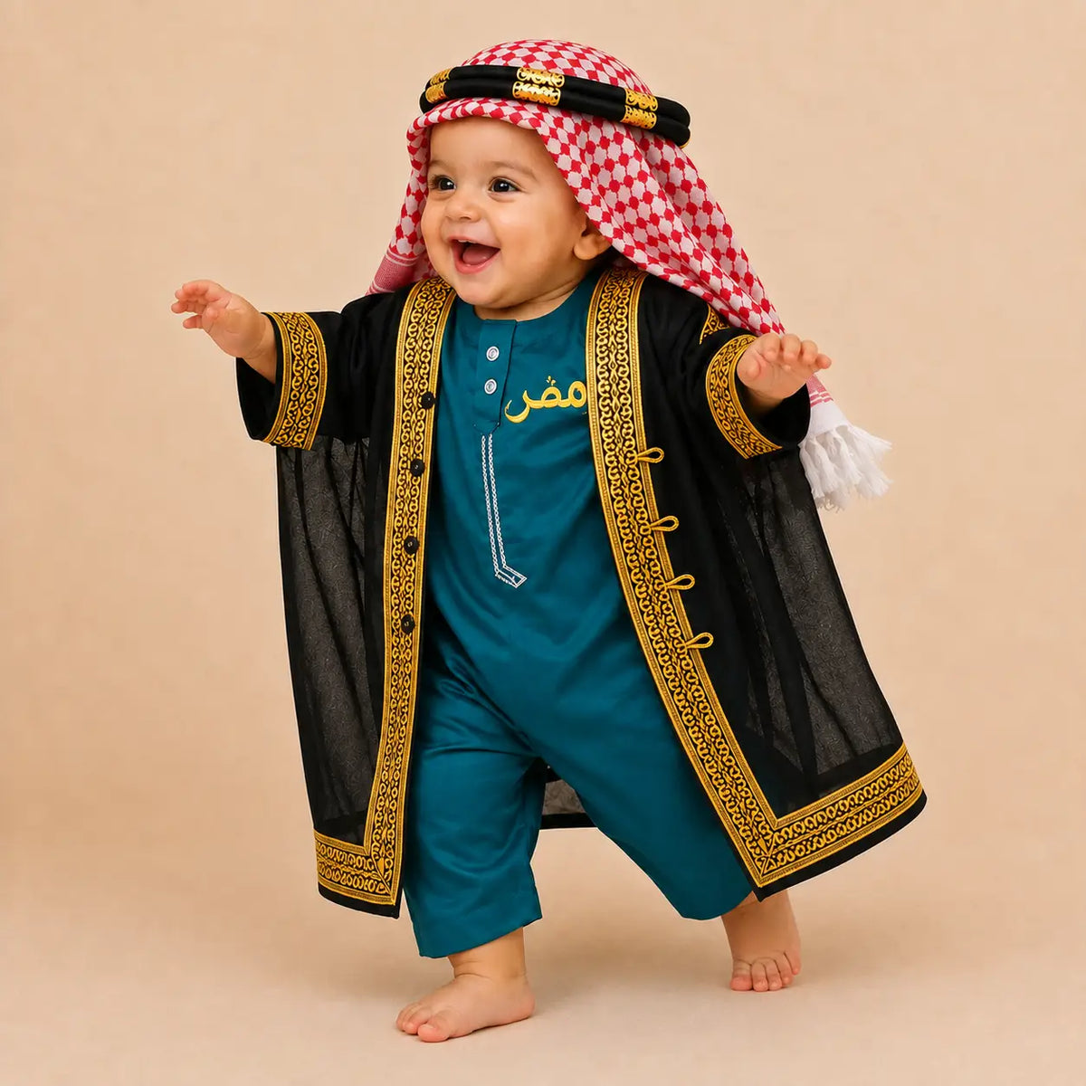 Teal Omani Thobe Romper & Bisht Set for Baby Boys