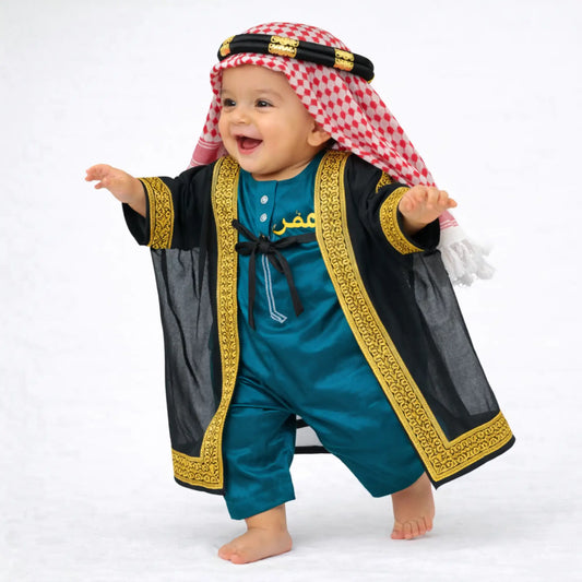 Teal Omani Thobe Romper & Bisht Set for Baby Boys