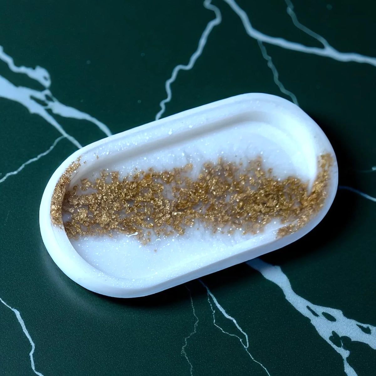 White Designer Trinket Tray with shimmering gold detailing, great for storing small items like keys or rings, ideal for gifting or home use.