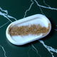 White Designer Trinket Tray with shimmering gold detailing, great for storing small items like keys or rings, ideal for gifting or home use.