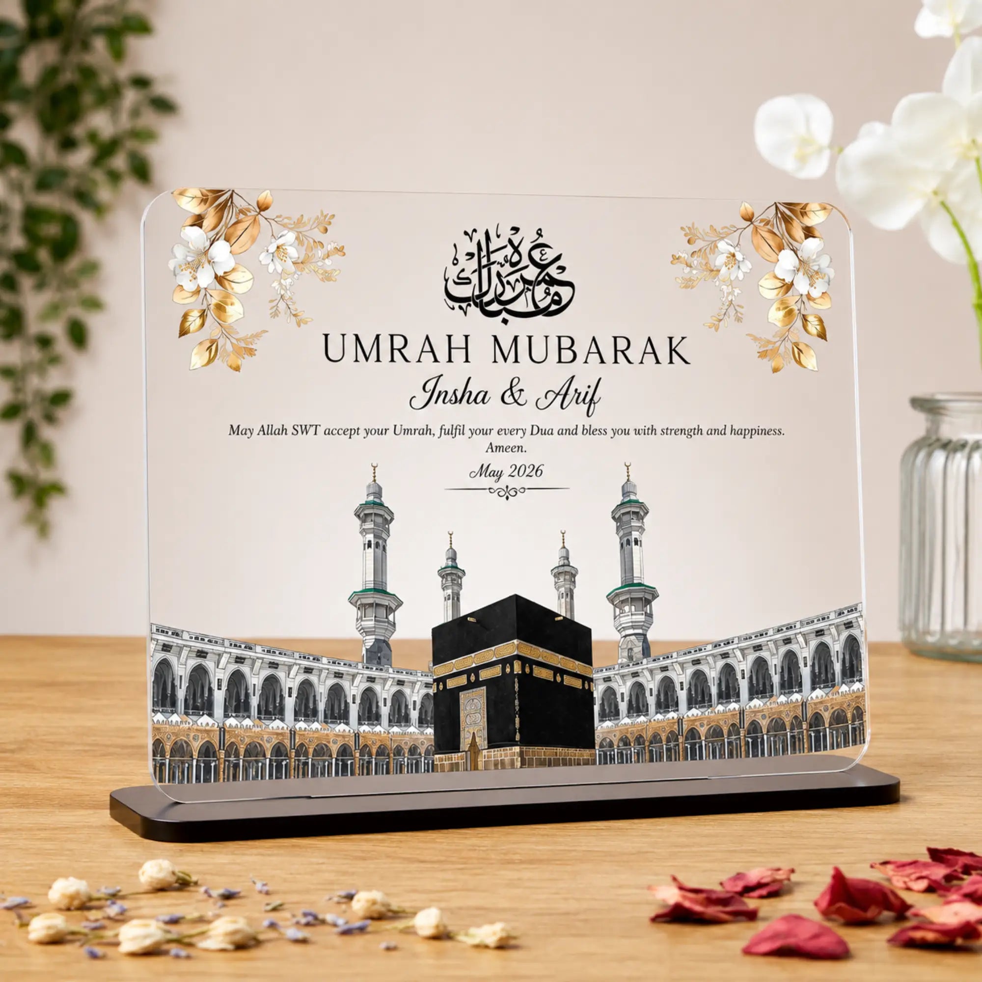 Umrah Mubarak Acrylic Floral Plaque Main image