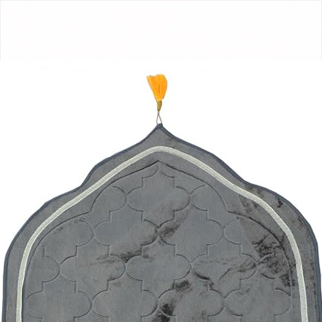Top section of Grey Dome Janamaz with yellow hanging tassel and detailed stitching. Designed for elegance and spiritual ambiance.