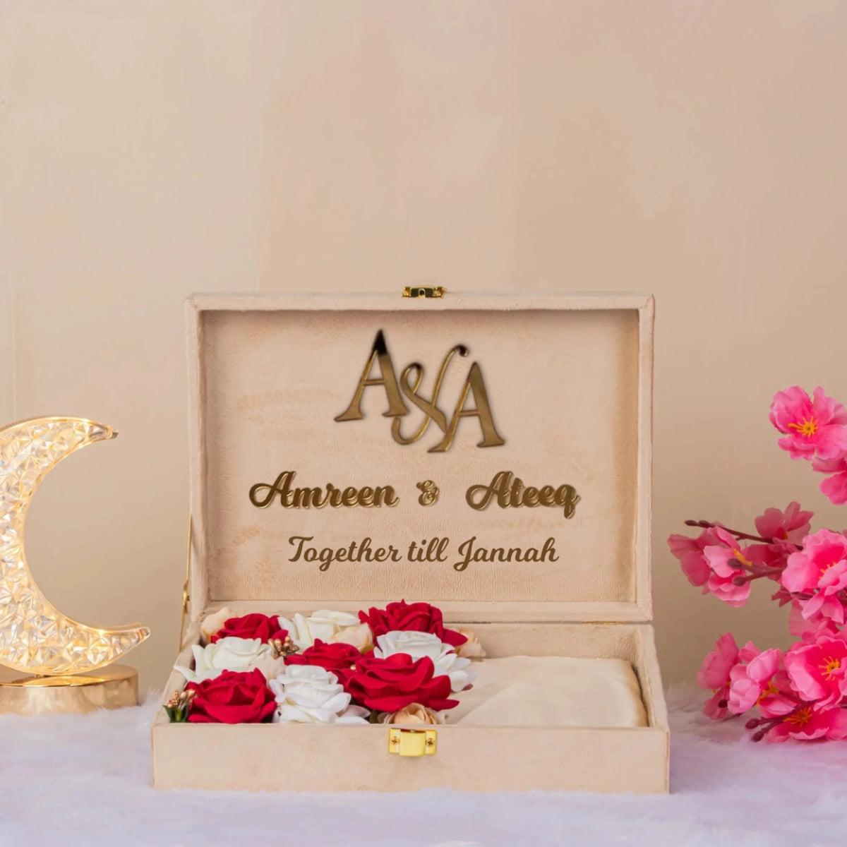 Bridal Meher Box - Offwhite Haqq with personalized initials and message, featuring red and white roses in a premium velvet keepsake box.