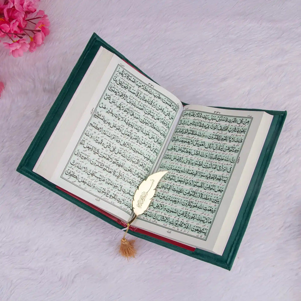 Open book with green cover and gold feather bookmark on a light pink background