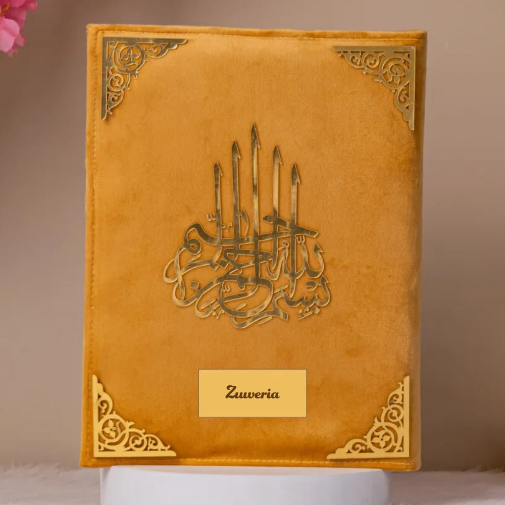 Premium Velvet Quran with Urdu Translation in mustard color, personalized with name 'Zuveria' and gold Islamic calligraphy, ideal religious gift.
