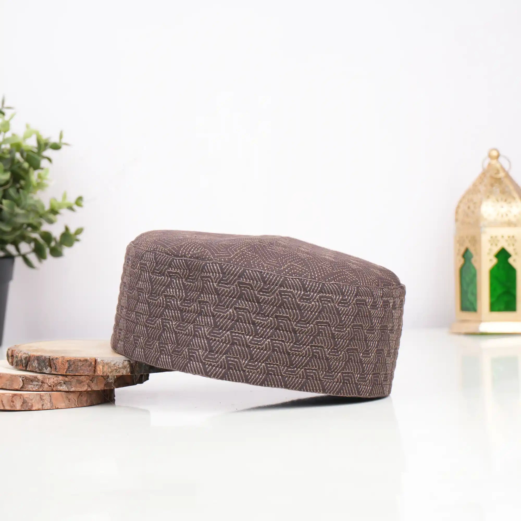 Brown prayer cap with intricate geometric pattern for religious ceremonies Main image