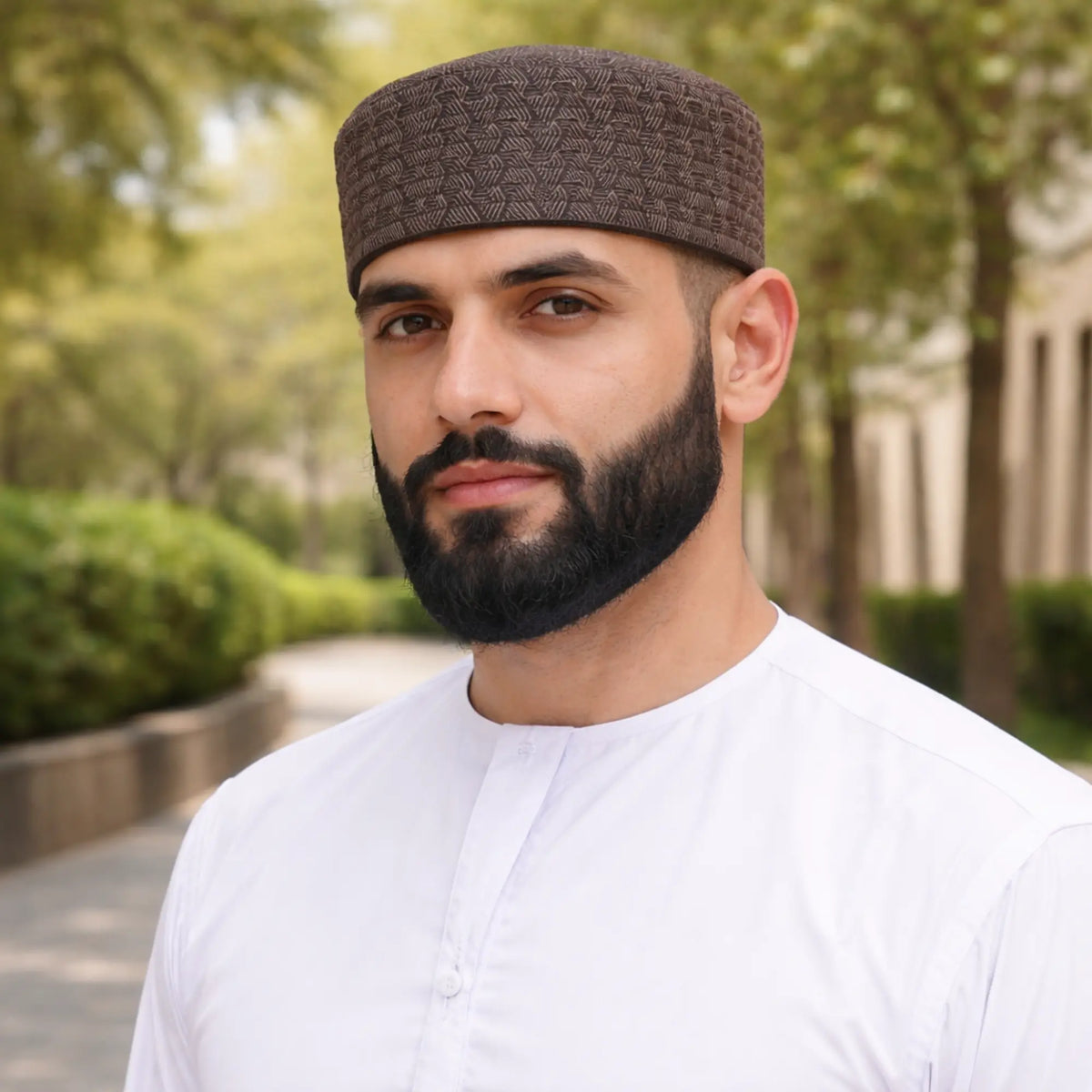 Man wearing prayer cap outdoors