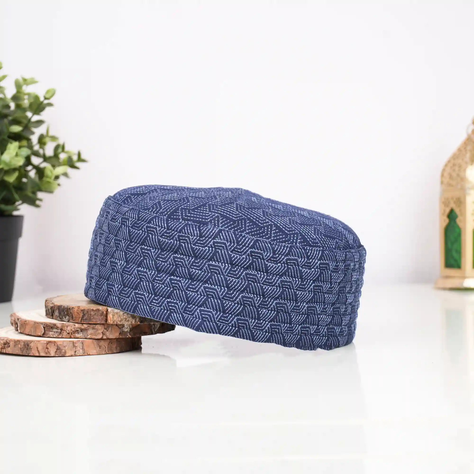 Blue patterned prayer cap for men, lightweight Islamic headwear for Salah Main image