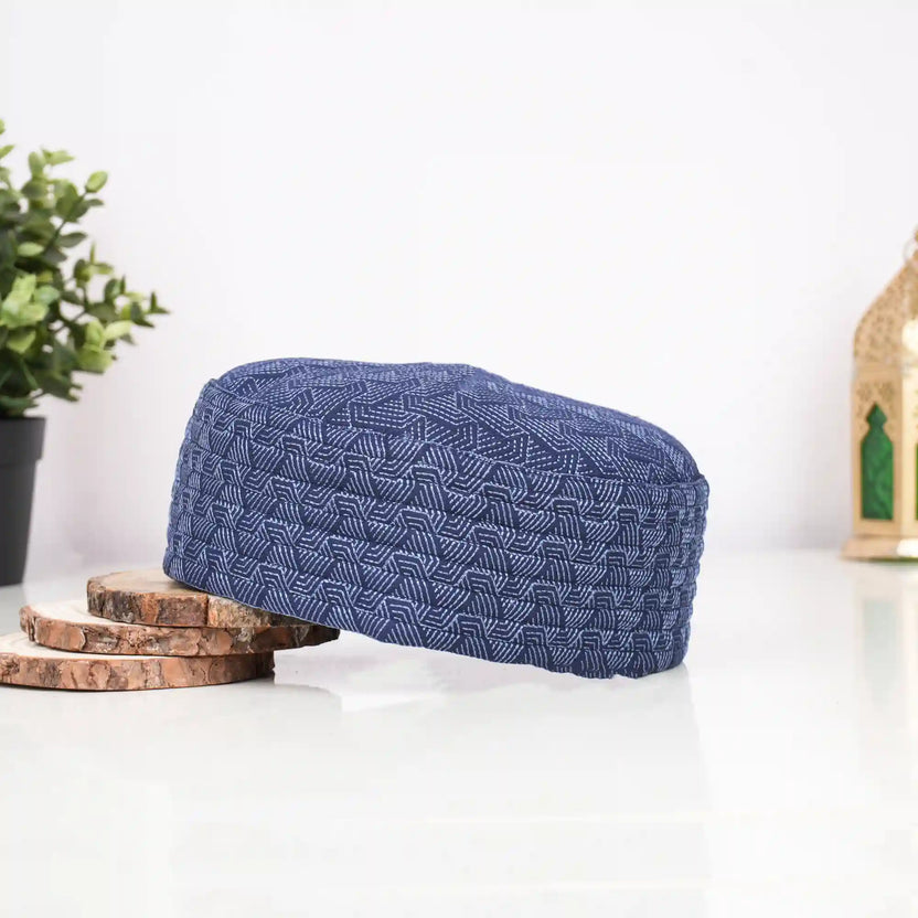 Blue patterned prayer cap for men, lightweight Islamic headwear for Salah Main image