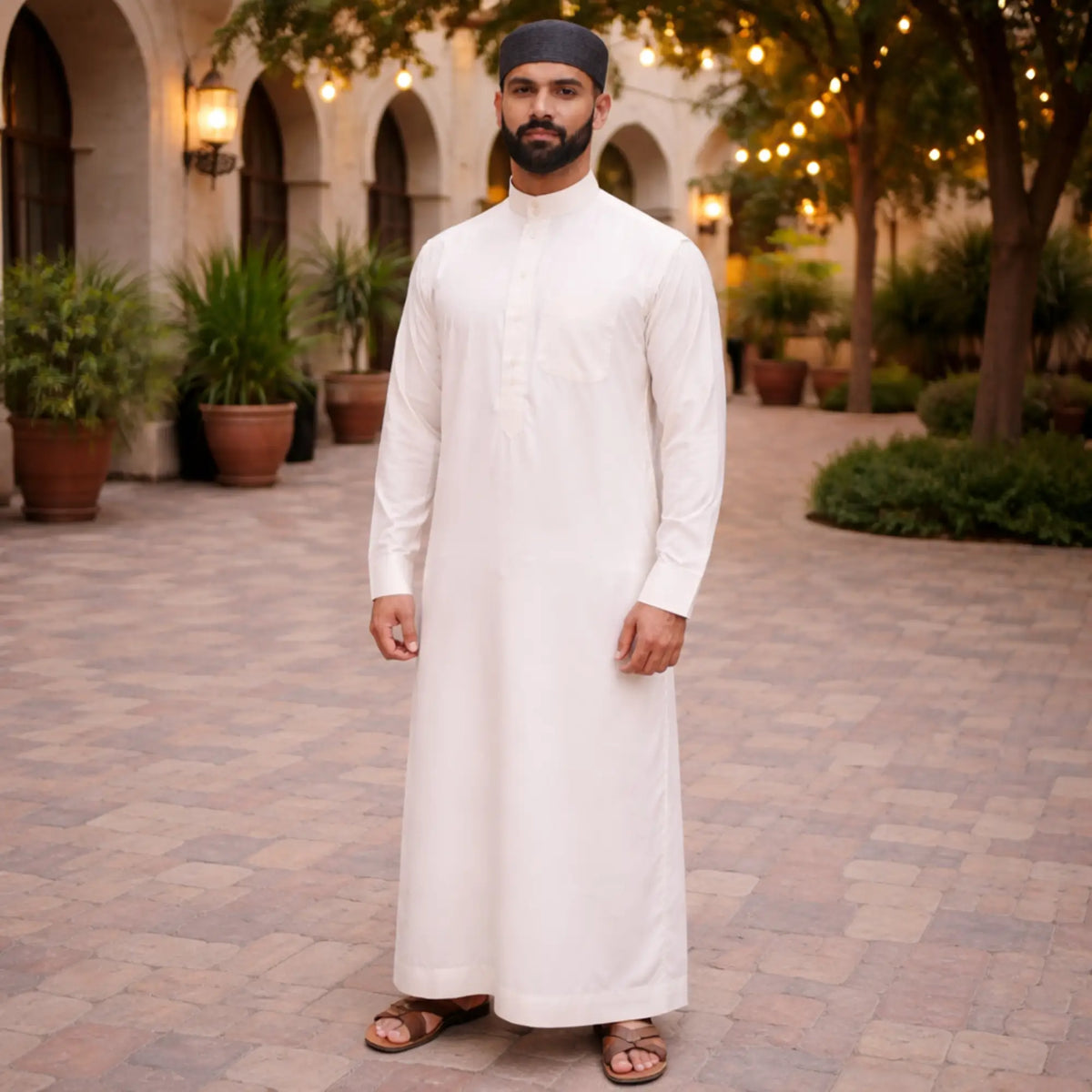 Back view of man in white dress and black prayer cap, elegant Islamic attire for prayer