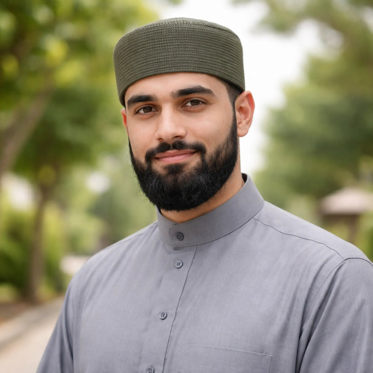 Man wearing grey traditional Islamic dress with prayer cap outdoors