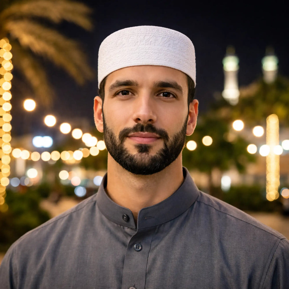 Man wearing white Islamic prayer cap at night