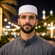 Man wearing white Islamic prayer cap at night