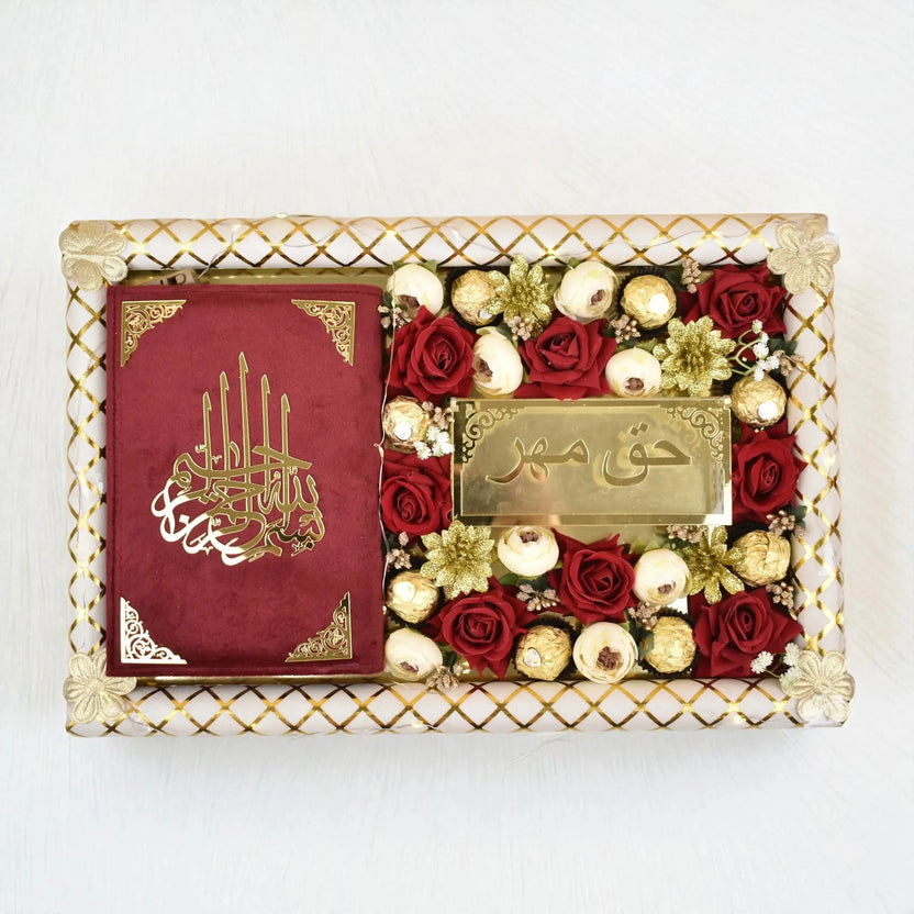 Mahr-e-Barakah Tray Gift Set with velvet Quran and gold mahr envelope on floral tray. Ideal wedding keepsake for blessings and elegance. Main image