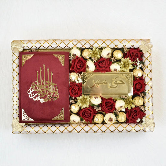 Mahr-e-Barakah Tray Gift Set with velvet Quran and gold mahr envelope on floral tray. Ideal wedding keepsake for blessings and elegance.