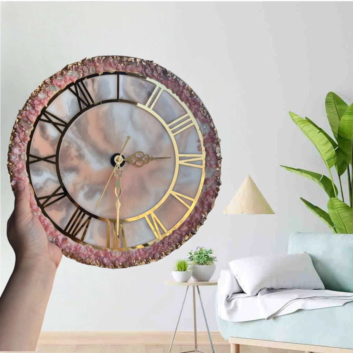 Handmade Pink Geode Clock featuring gold Roman numerals and marbled resin face, perfect for gifting or stylish interior decor.