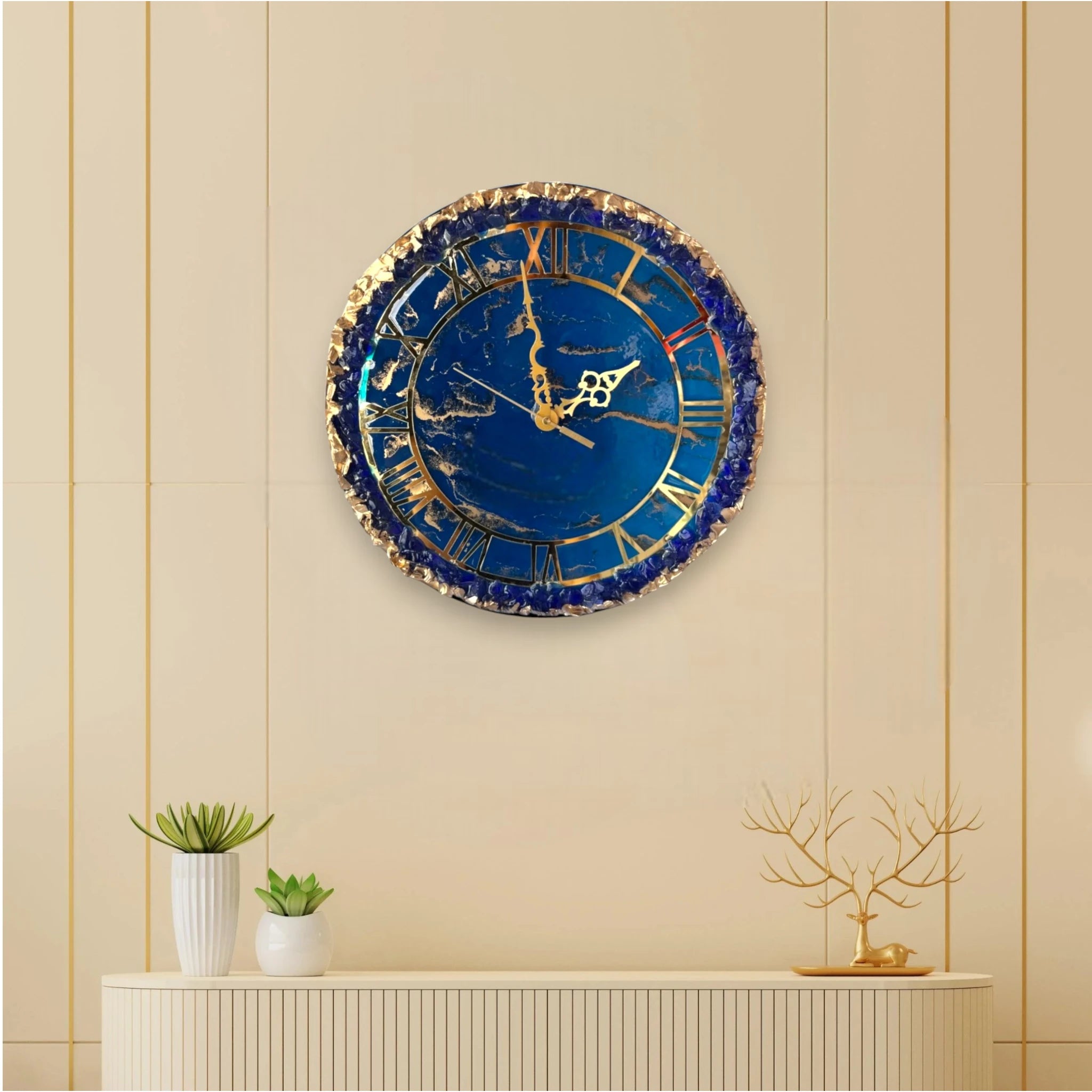 Handmade Wall Clock - Timeless Art | Elegant Home Decor featuring a navy blue resin face with gold Roman numerals, mounted on a beige wall above a console. Main image